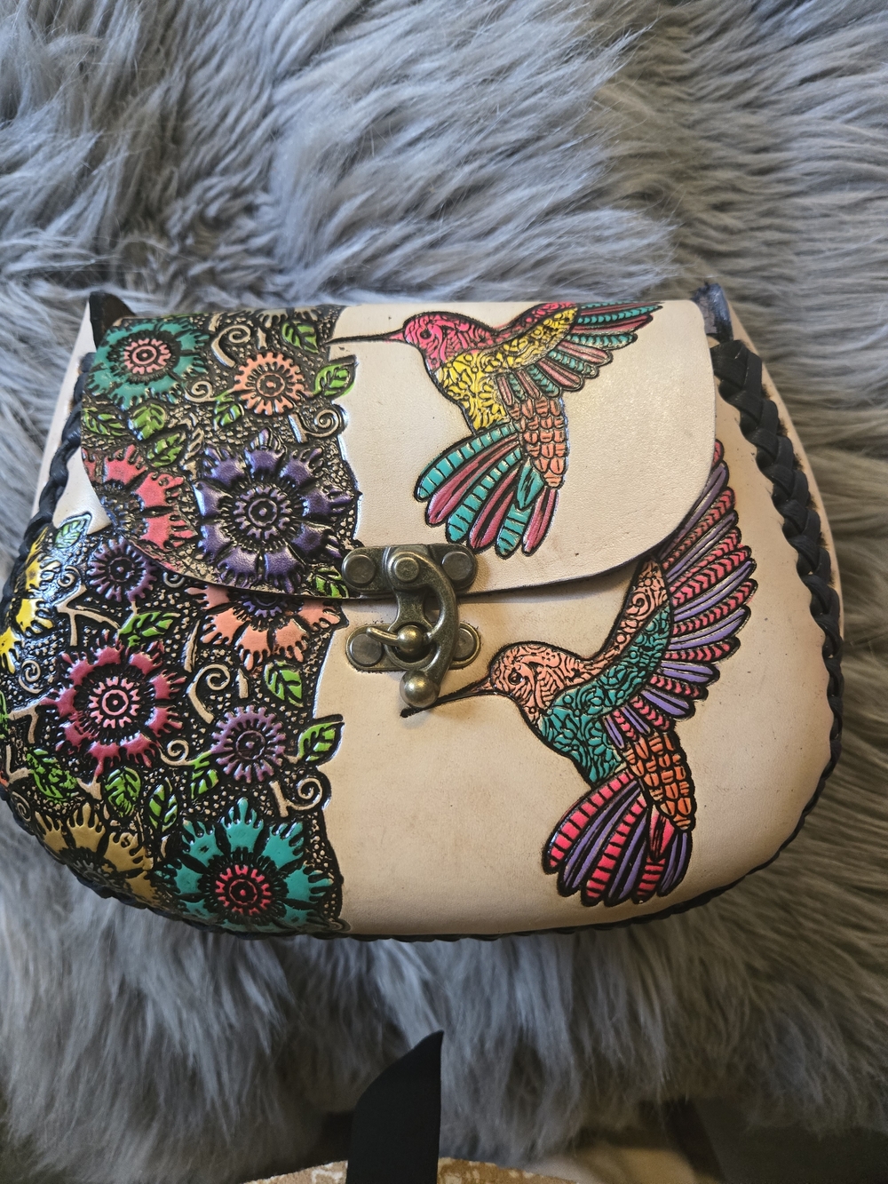 Hand-Painted Hummingbird Floral Leather Crossbody Bag - Multicolor